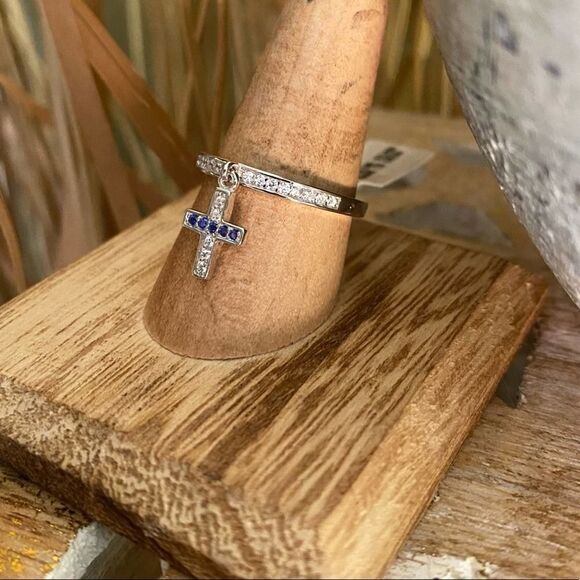 Sapphire Cross Dangle Sterling Silver CZ Ring Sizes 9,10 - Picture 6 of 6